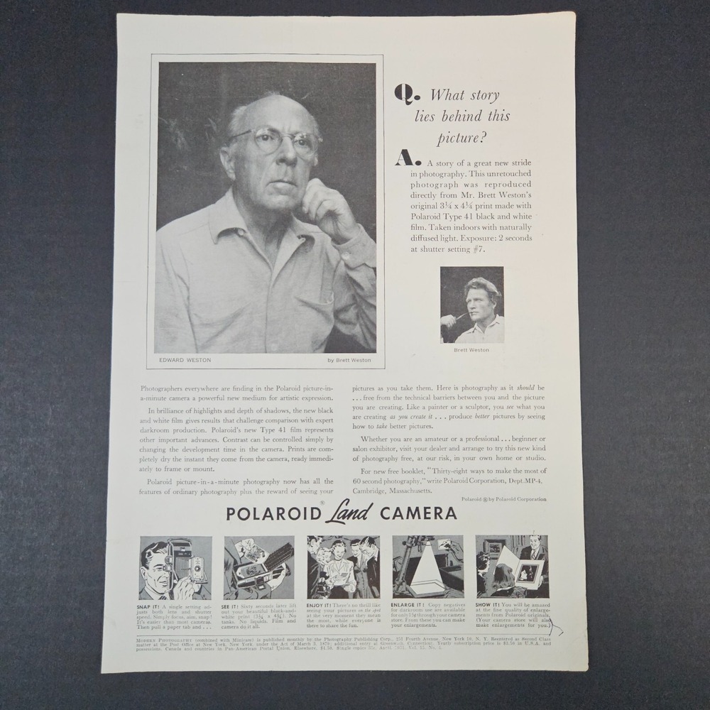 1951 Polaroid Land Camera Vintage Print Ad Edward Brett Weston Cambridge MA